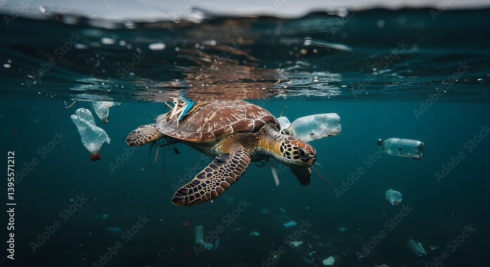 Obraz premium Ocean Pollution Sea Turtle Entangled in Plastic Waste, Urgent Call for Environmental Action