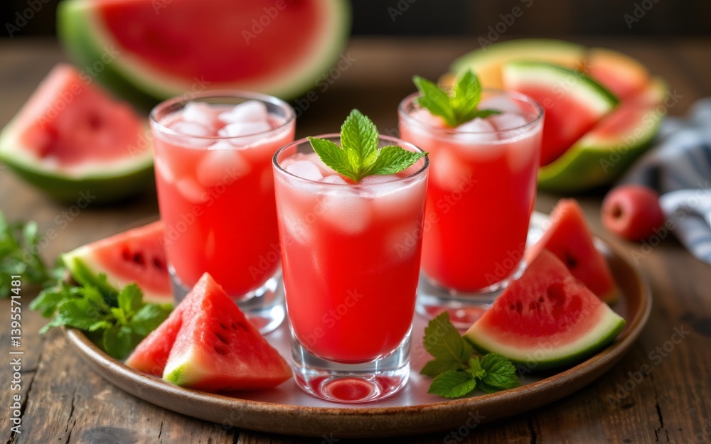 Refreshing watermelon drinks garnished with mint, served with fresh fruit slices Refreshing watermelon drinks garnished with mint, served with fresh fruit slices