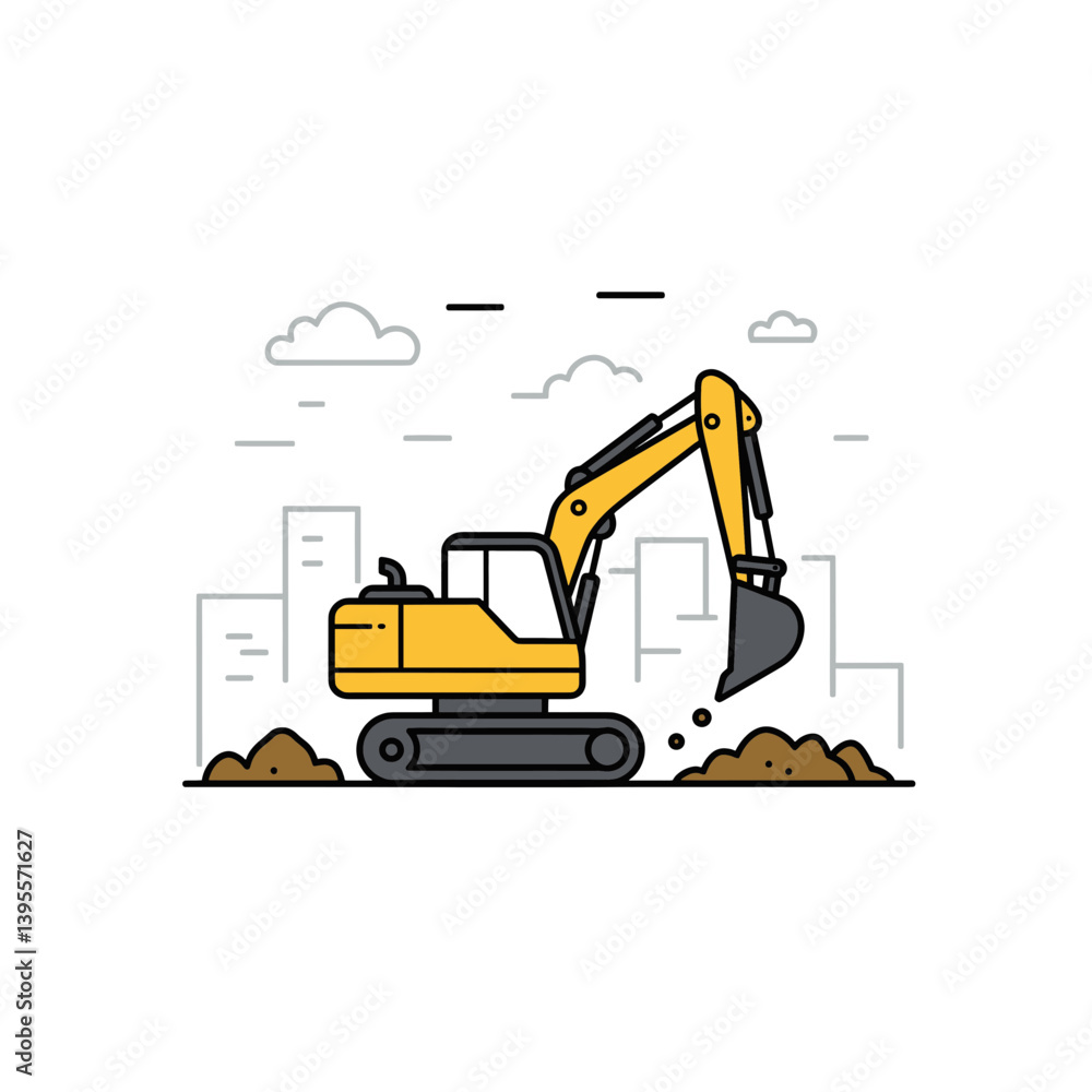 Naklejka premium Construction excavator at work: An illustrated yellow excavator diligently digs into the earth at a construction site, highlighting its role in groundwork and project development. 