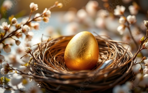 Wallpaper Mural A golden egg nestled in a rustic nest surrounded by delicate white blossoms Torontodigital.ca