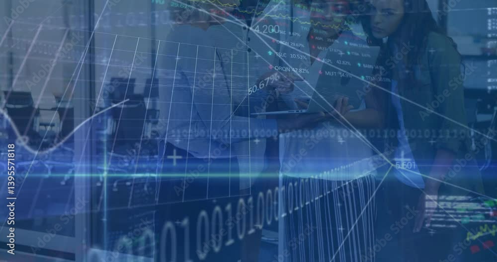 Analyzing financial graphs with binary code overlay, business professionals in office Analyzing financial graphs with binary code overlay, business professionals in office