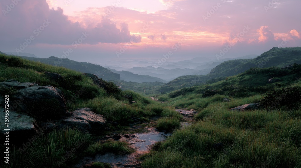 Obraz premium Serene Mountain Landscape at Dawn with Gentle Mist and Soft Lighting