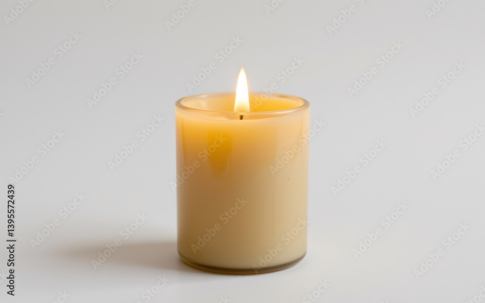A lit candle in a clear glass holder, emitting a warm glow against a neutral background A lit candle in a clear glass holder, emitting a warm glow against a neutral background