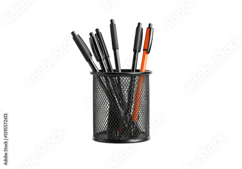 A floating pen holder cup with pens, horizontally aligned, on a solid white background