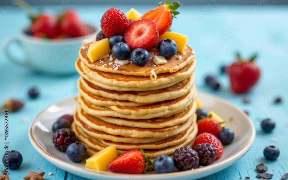 A stack of fluffy pancakes topped with fresh berries, sliced fruit, and a sprinkle of powdered sugar on a colorful plate A stack of fluffy pancakes topped with fresh berries, sliced fruit, and a sprinkle of powdered sugar on a colorful plate