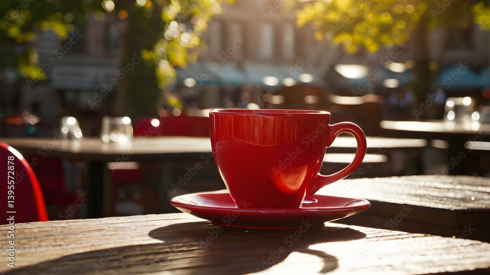 Red coffee cup on outdoor cafe table in sunlight
