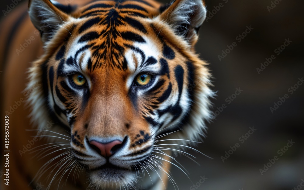 Naklejka premium Close-up of a tiger with striking orange fur and intense green eyes, showcasing its bold stripes and natural beauty