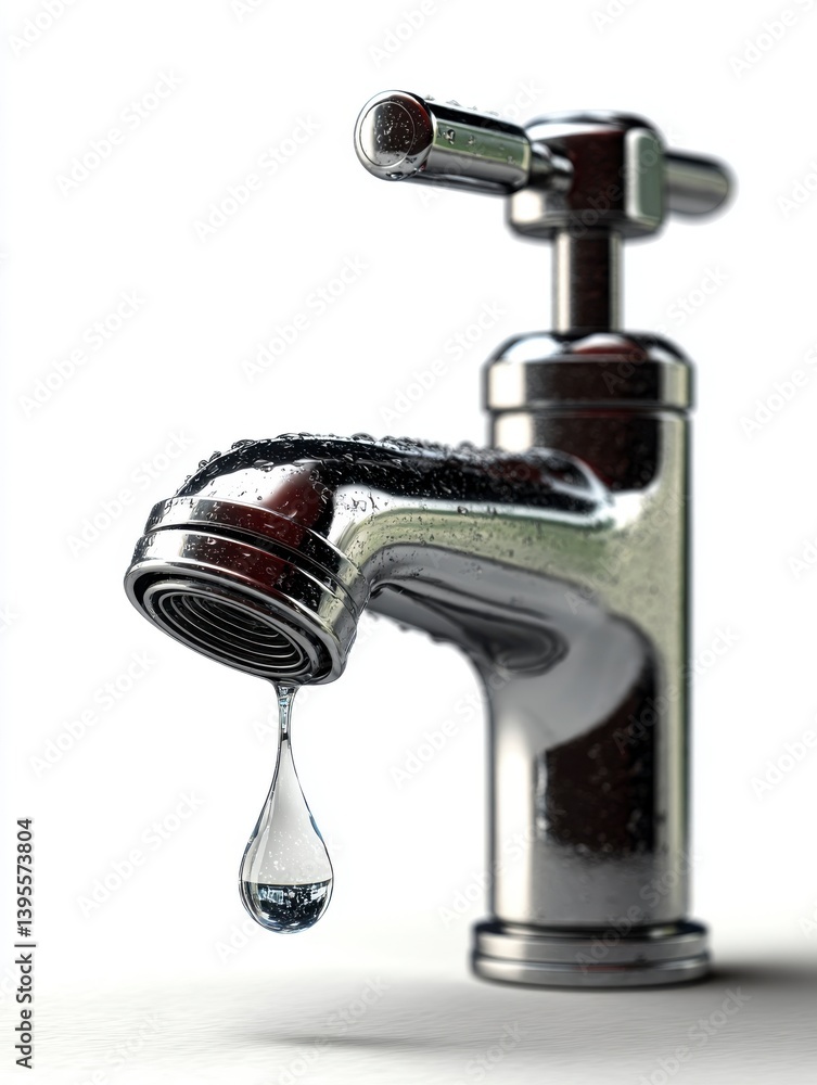Modern Metal Faucet with Single Droplet of Water Forming Modern Metal Faucet with Single Droplet of Water Forming
