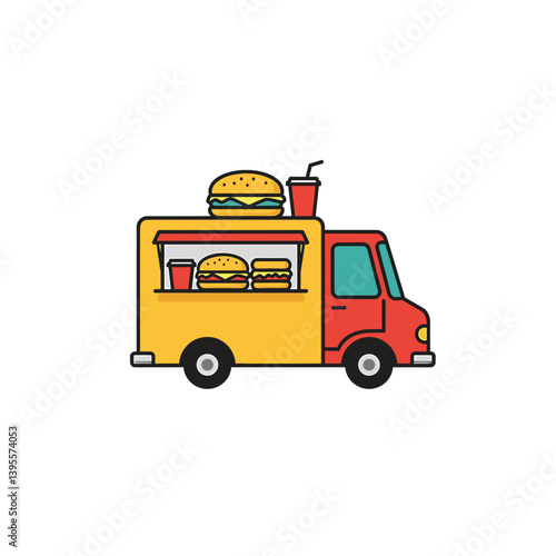 Culinary Cruiser: A vibrant food truck, brimming with savory burgers and refreshing drinks, ready to roll into the heart of a city and fulfill cravings. 