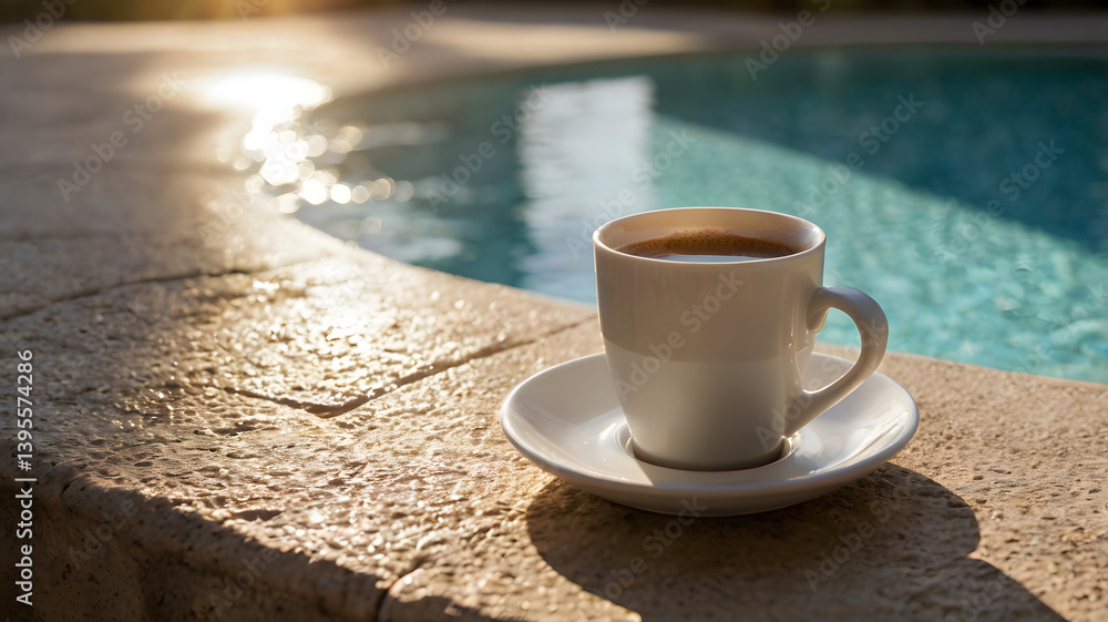 Warm coffee cup resting on a ledge by a sparkling pool in bright sunlight during afternoon