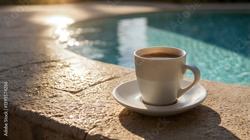 Obraz na płótnie Warm coffee cup resting on a ledge by a sparkling pool in bright sunlight during afternoon w salonie