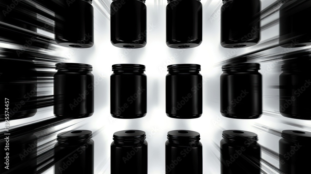 Obraz premium A grid of blank black cylindrical containers with lids.