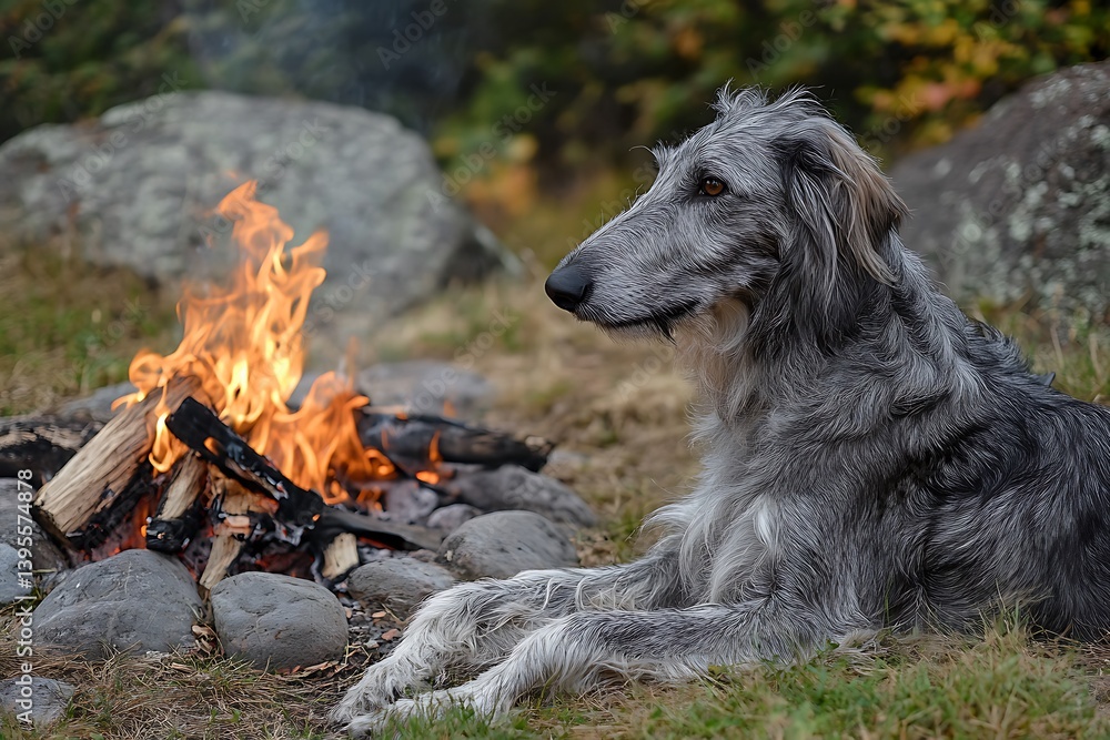 Fototapeta premium A sturdy Scottish Deerhound resting by a campfire