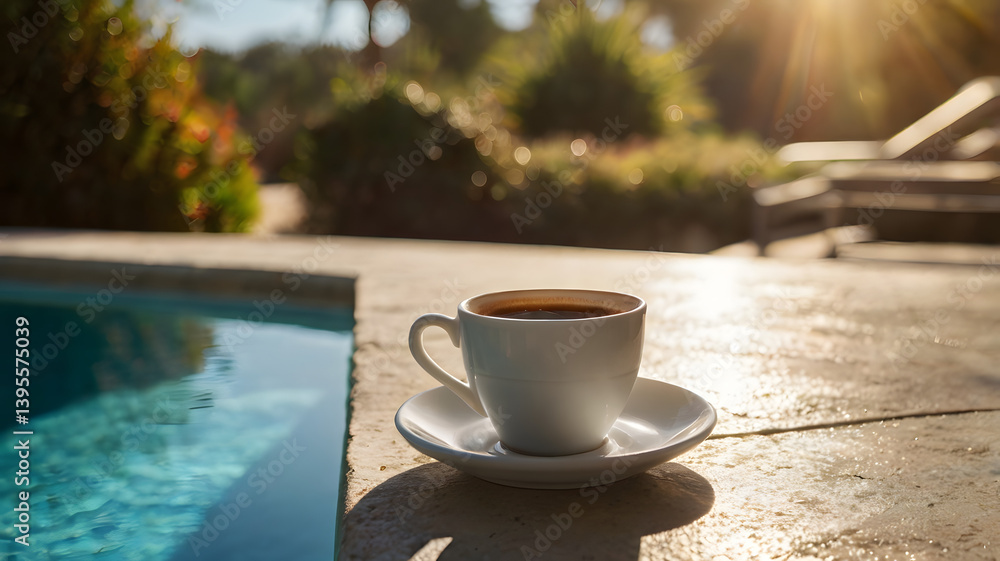 Warm coffee cup resting on a ledge by a sparkling pool in bright sunlight during afternoon