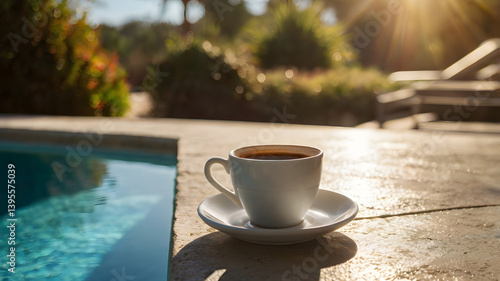 Obraz na płótnie Warm coffee cup resting on a ledge by a sparkling pool in bright sunlight during afternoon w salonie