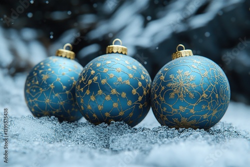 minimalistic design Christmas ornament baubles, blue with gold patterns, snowy background, the extreme right third of an image, on the extreme right 