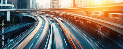 Busy city highway at sunrise