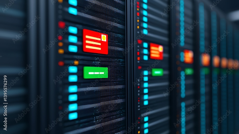 Data Processing Racks with Colored Lights: A Visual Representation of Modern Technology and Information Infrastructure.