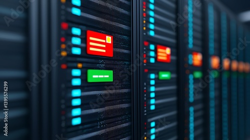 Data Processing Racks with Colored Lights: A Visual Representation of Modern Technology and Information Infrastructure.