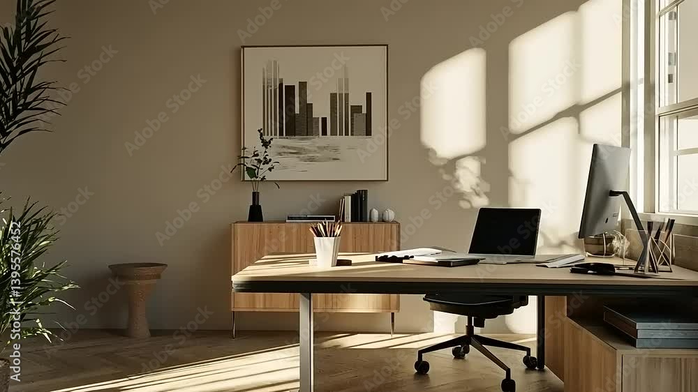 Modern office interior with a sleek desk, ergonomic chair, and artistic wall decor in a sunlit room Modern office interior with a sleek desk, ergonomic chair, and artistic wall decor in a sunlit room
