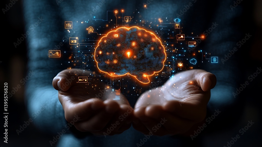Digital Brain Concept in Hands: Artificial Intelligence, Machine Learning, and Technology Solutions Representation on Dark Background.