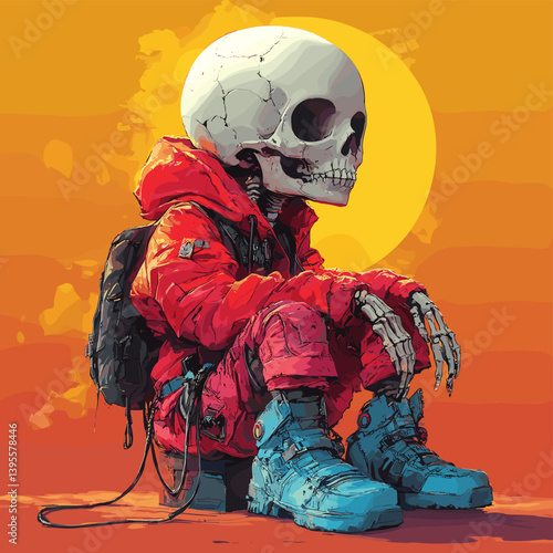 Cartoon skeleton wearing a red jacket and blue boots, sitting with a backpack against a sunset background. Edgy and atmospheric vector illustration with urban and dystopian vibes