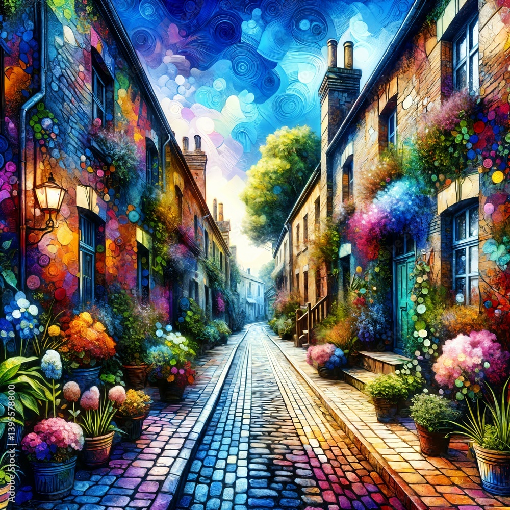 Naklejka premium Vibrant colors fill a charming cobblestone street lined with colorful buildings and lush plants. The sky is brilliantly blue, adding a dreamlike quality to the scene. (Gen, A.I.)