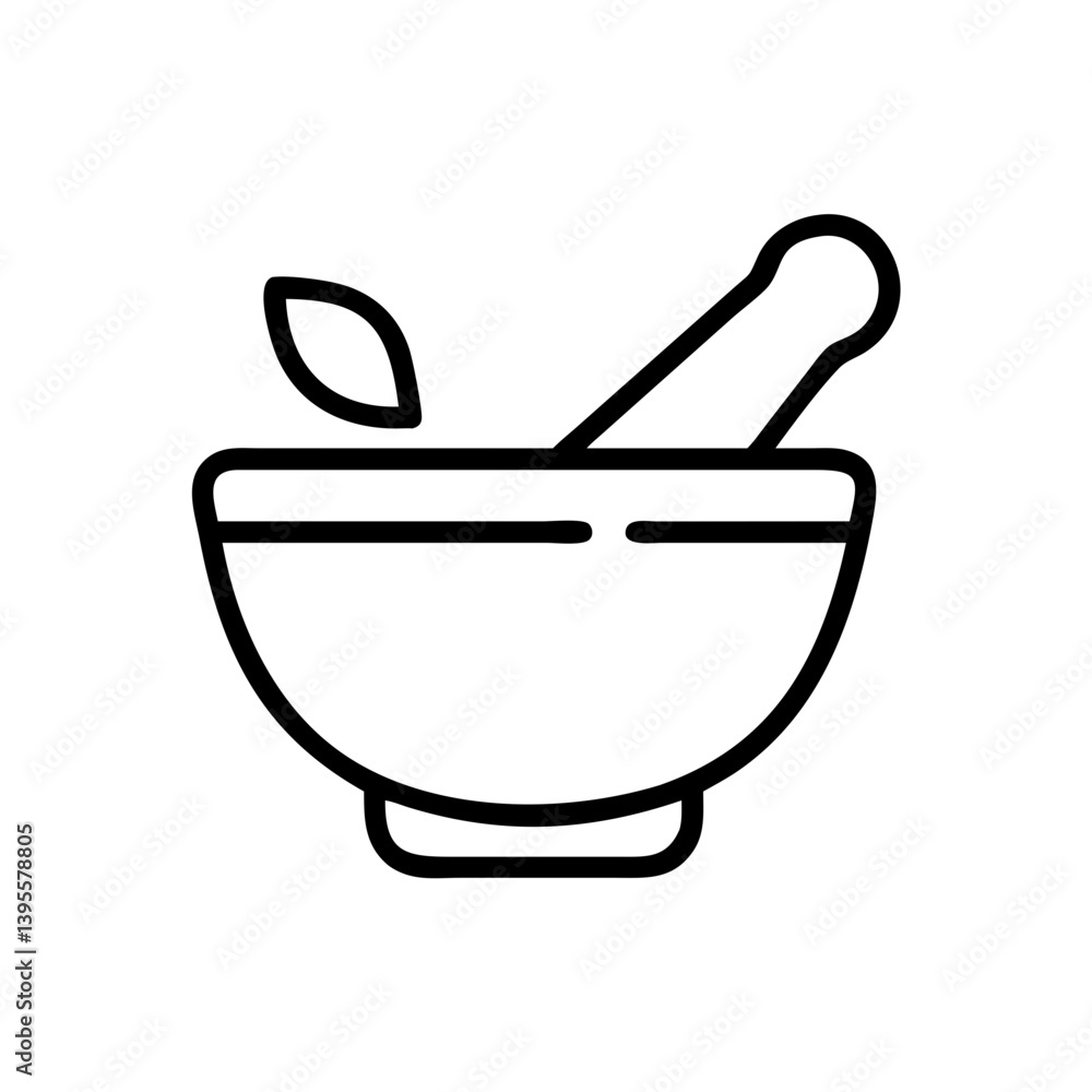 Mortar and Pestle with Leaf Icon on White Background Mortar and Pestle with Leaf Icon on White Background