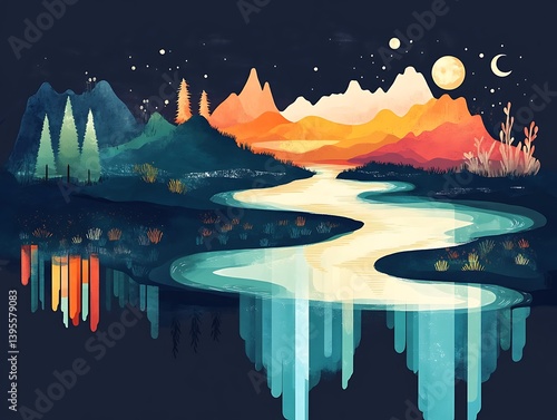 A serene landscape with a flowing river, reflecting a celestial panorama.