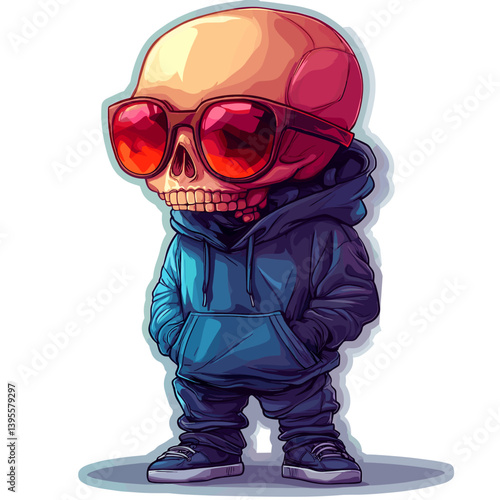 Stylish cartoon skeleton in a blue hoodie and red sunglasses, standing with hands in pockets. Cool and confident vector character with urban street fashion vibes