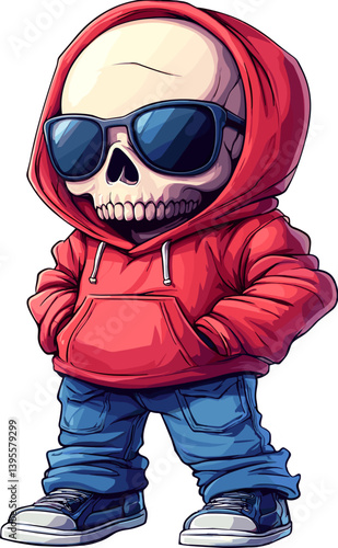 Cartoon skeleton character wearing a red hoodie, jeans, and black sunglasses, standing with hands in pockets. Cool and confident vector style with urban streetwear vibes
