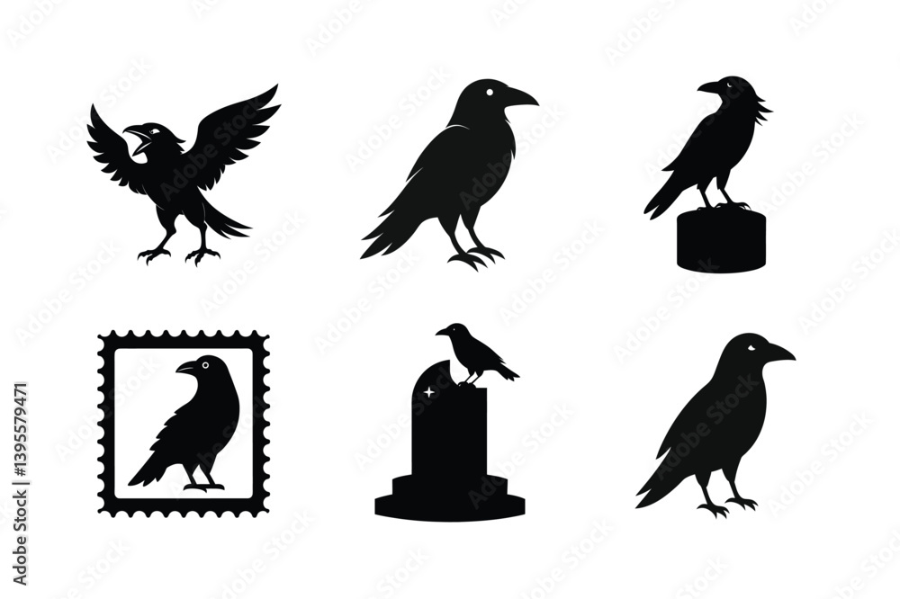 Fototapeta premium Raven Bird silhouette vector bundle illustration