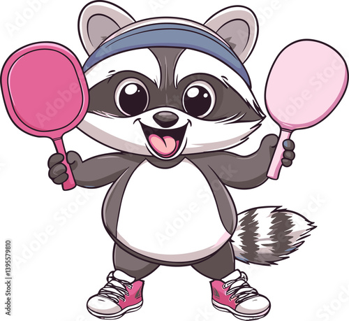 Cute cartoon raccoon wearing a headband and sneakers, happily holding two pink paddles. Fun and sporty vector character full of energy and playful charm
