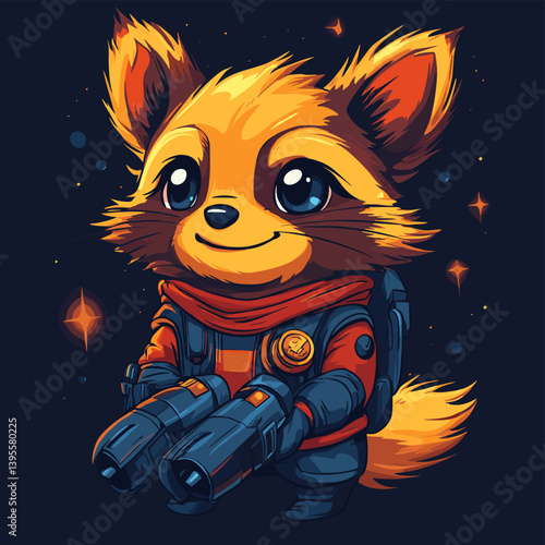 Cute cartoon space raccoon in futuristic armor holding dual sci-fi blasters, set in a starry galaxy background. Colorful and adventurous vector character with cosmic vibes
