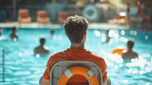 A lifeguard observes the swimming pool while seated in a chair