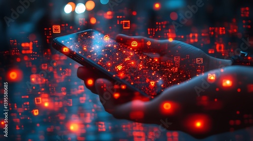 Obraz na płótnie Digital Future: Mobile Device Displaying Glowing Network Connectivity with Hands Holding, Futuristic Technology w salonie