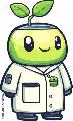Cute green robot with a leaf sprout on its head, wearing a white lab coat and smiling. Eco-friendly cartoon vector character symbolizing nature, science, and sustainability