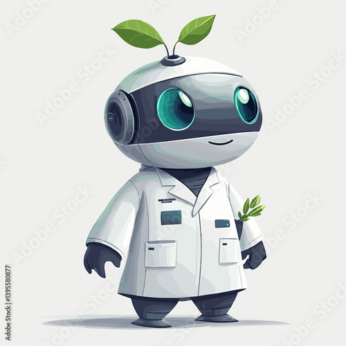 Futuristic cartoon robot with a sleek face and green leaf sprout, wearing a white lab coat. Eco-friendly vector character combining technology, nature, and scientific innovation
