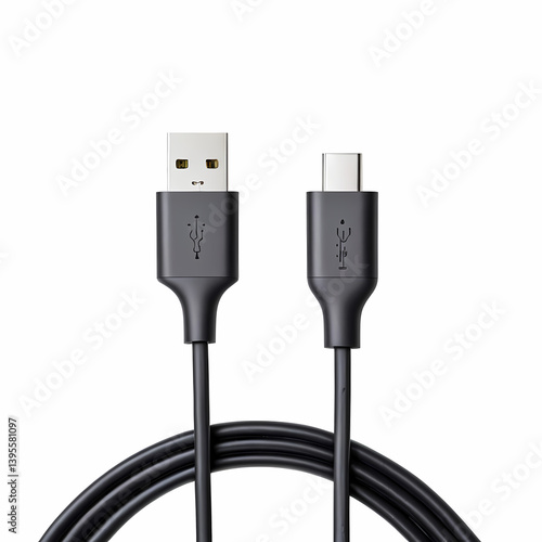 Black USB type C cable isolated on white background 