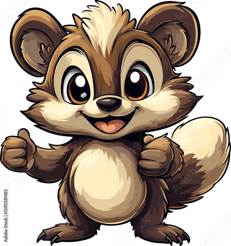 Happy cartoon chipmunk character with big eyes, fluffy tail, and brown fur giving thumbs up. Cute and cheerful vector mascot with a friendly and playful expression