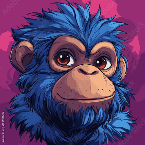 Stylized cartoon monkey portrait with vibrant blue fur and expressive brown eyes on a purple background. Bold and unique vector illustration with a modern artistic touch