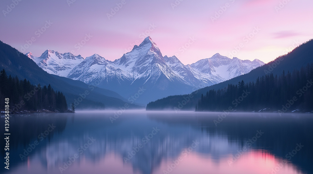 Serene Alpine Lake with Mountain Reflections at Twilight Serene Alpine Lake with Mountain Reflections at Twilight