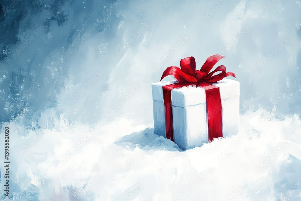 minimalistic design Painting of a Christmas a present with a red ribbon in the snow, the extreme right third minimalistic design Painting of a Christmas a present with a red ribbon in the snow, the extreme right third