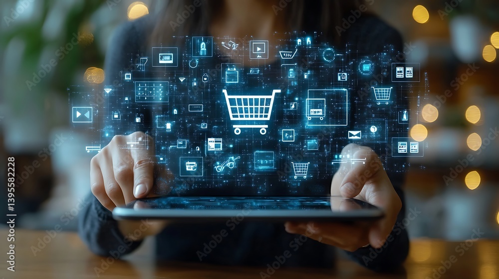 Digital Shopping Experience: Person Using Tablet with Visuals of Online Commerce and Payment Transactions.