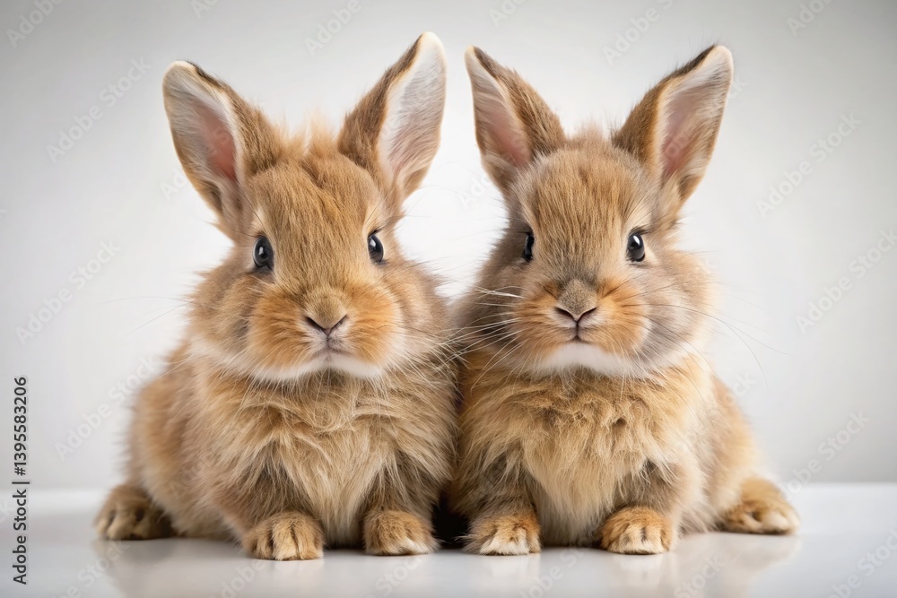 Fototapeta premium Adorable Brown Bunnies Huddled Together on White Background - Perfect for Easter or Springtime Stock Photos