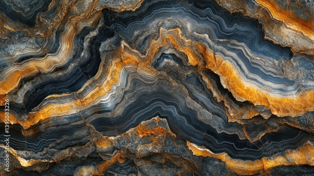Strikingly patterned stone, rich in dark gray, deep gold, and subtle white veining. Complex, layered geological formations create a visually dynamic texture Strikingly patterned stone, rich in dark gray, deep gold, and subtle white veining. Complex, layered geological formations create a visually dynamic texture