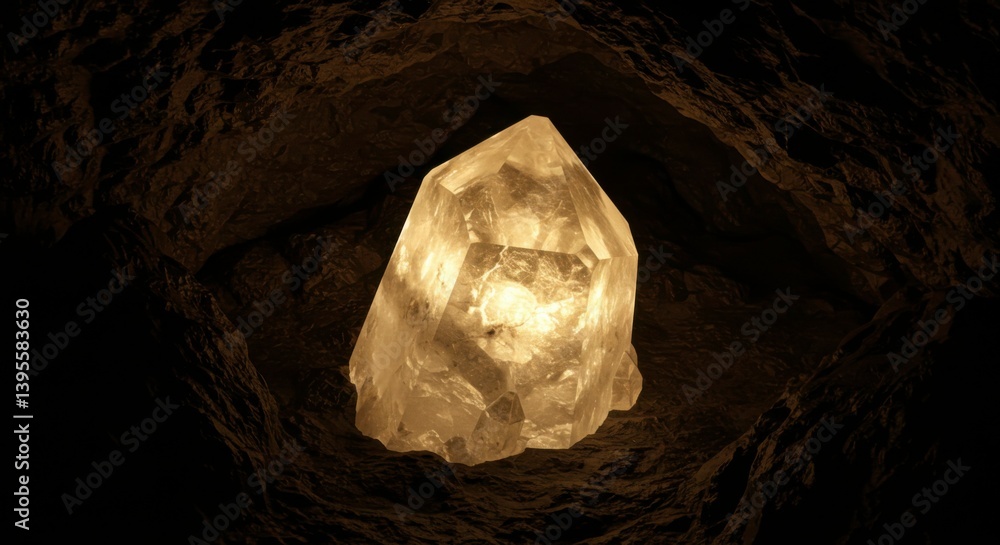 Fototapeta premium Illuminated crystal within dark cave