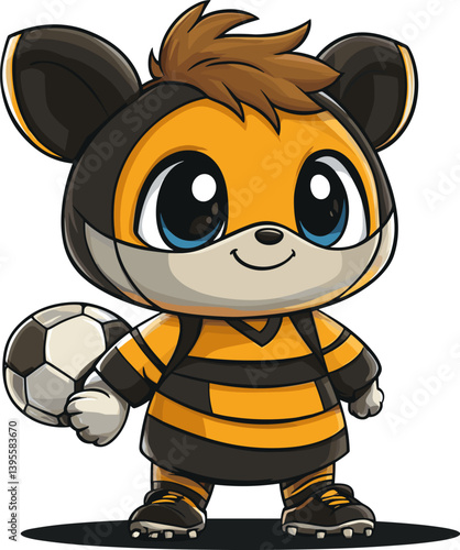 A cute cartoon character resembling a panda dressed in a yellow and black striped soccer uniform. The character is holding a soccer ball and standing in a playful pose