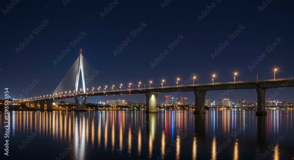 Fototapeta premium Night view of a modern cable-stayed bridge over a river, city lights reflected