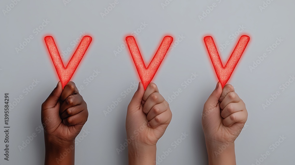Diverse Hands Holding Glowing Red 'V' Symbols Against Gray Background, Illustrating Agreement or Connection.